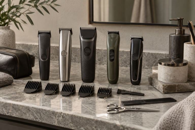 five unbranded beard trimmers in different body shapes arranged with guard combs, small cleaning brush and grooming accessories on a sophisticated neutral bathroom vanity