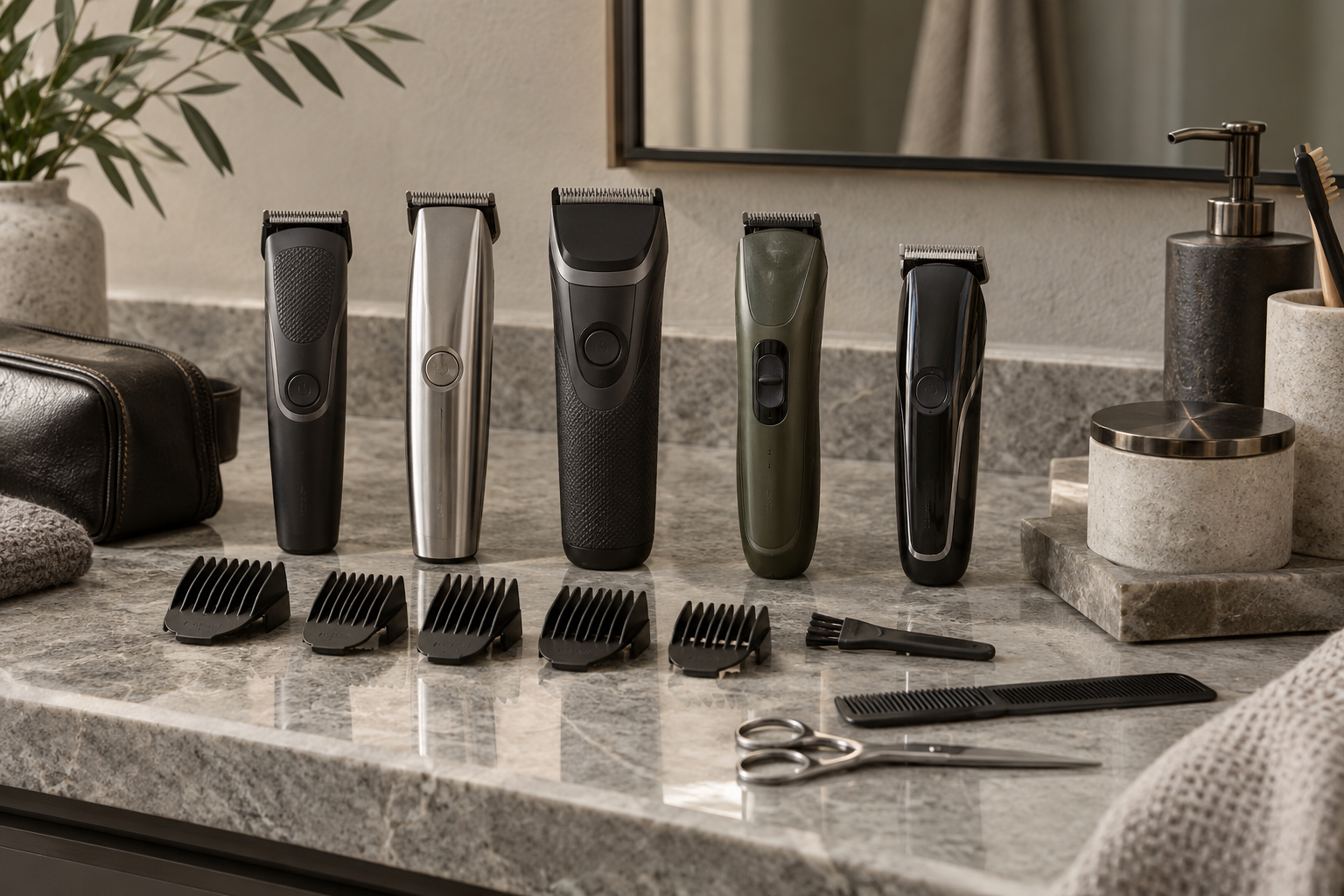 five unbranded beard trimmers in different body shapes arranged with guard combs, small cleaning brush and grooming accessories on a sophisticated neutral bathroom vanity