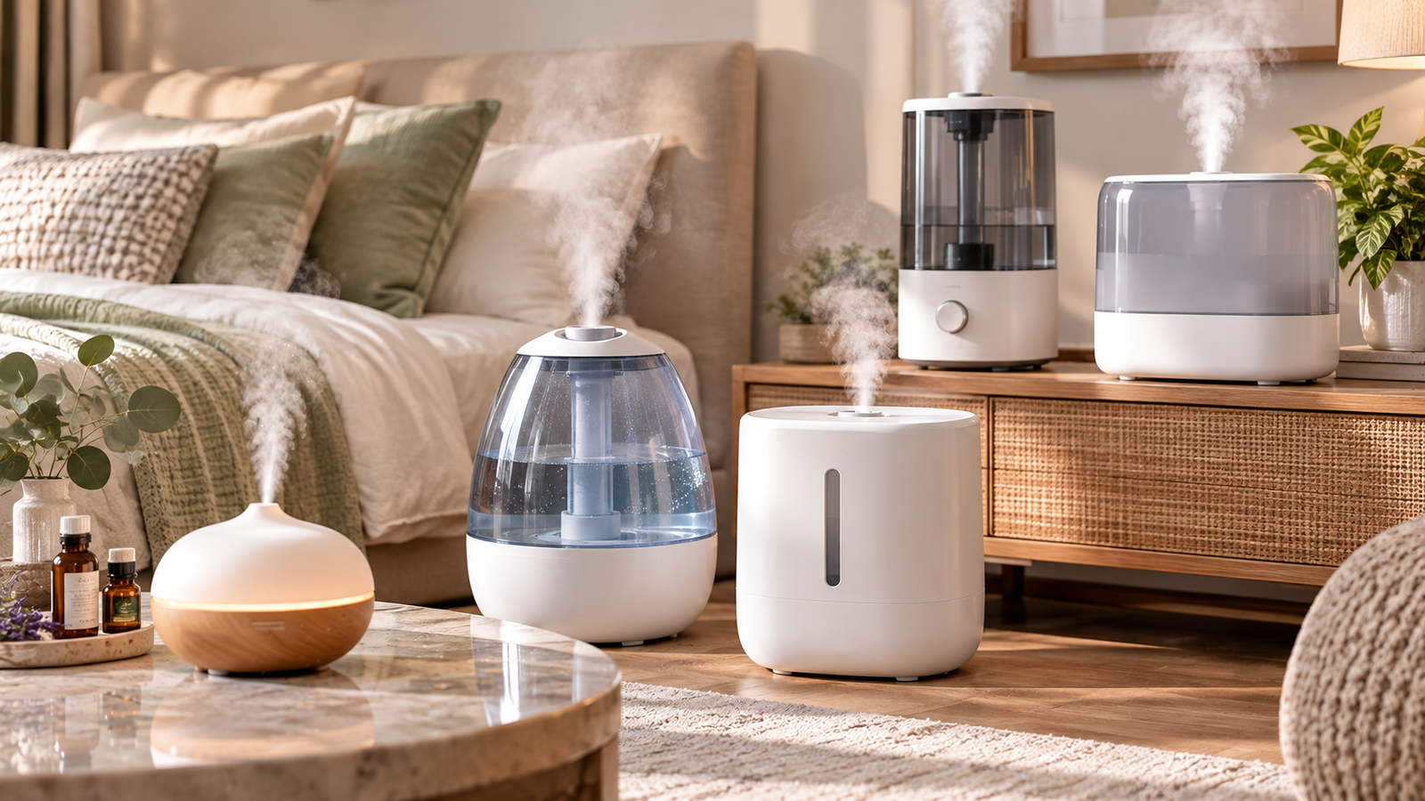 Five unbranded product formats arranged for a bedroom cool-mist humidifiers and aroma options in india buying-guide comparison