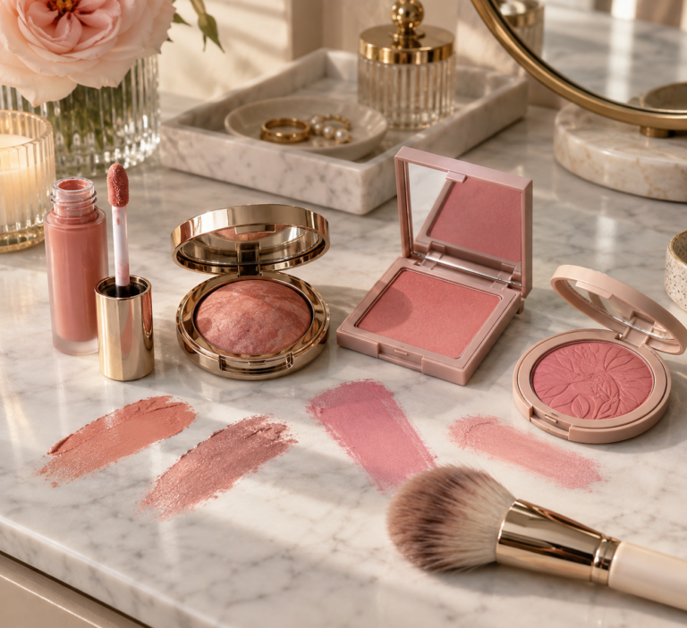 five unbranded blush products in liquid wand, baked compact and pressed-powder formats with soft peach, rose and pink swatches, a fluffy cheek brush and neutral vanity styling