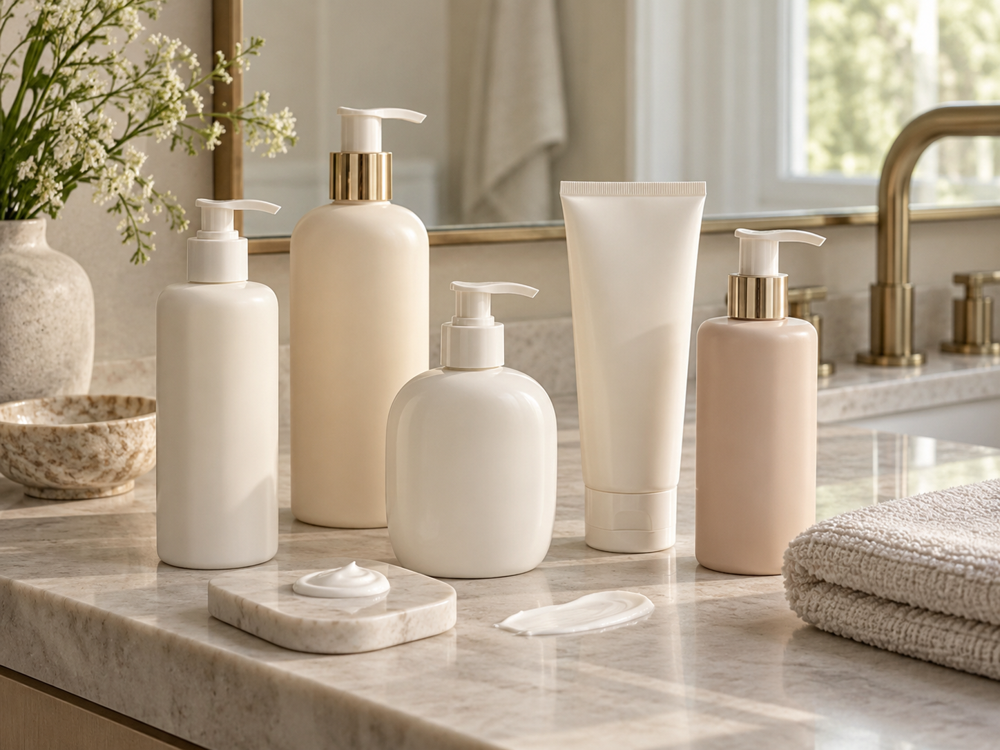 five unbranded body lotion bottles and pump containers on a refined neutral bathroom vanity with soft cream texture swatches, folded towel and gentle natural daylight