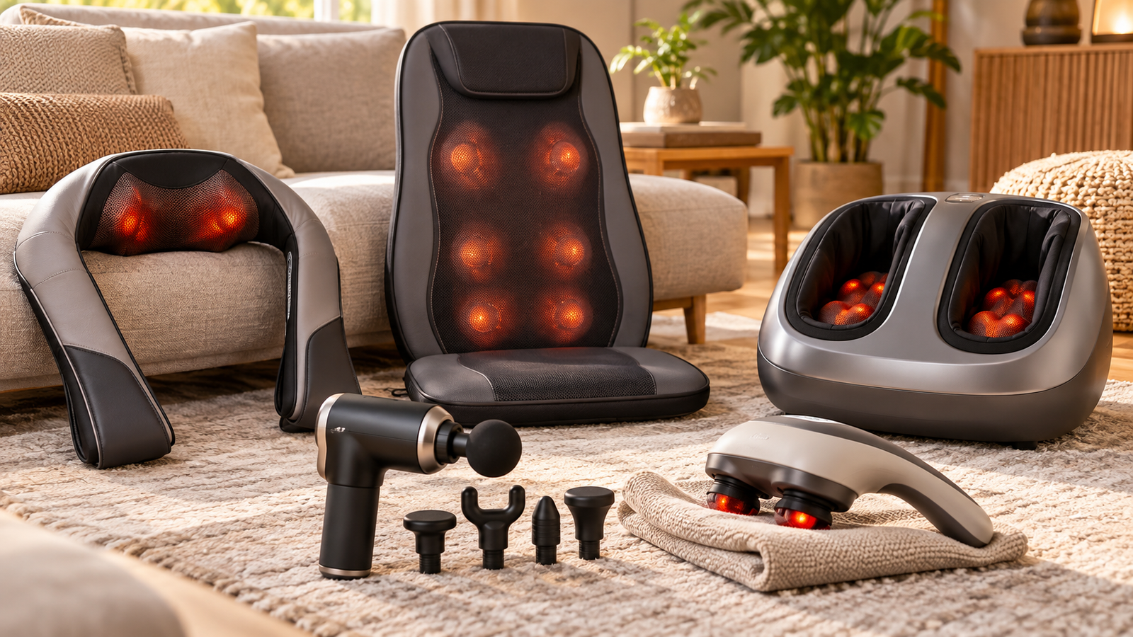 Five unbranded neck, back, handheld and foot massagers arranged in a calm wellness setting