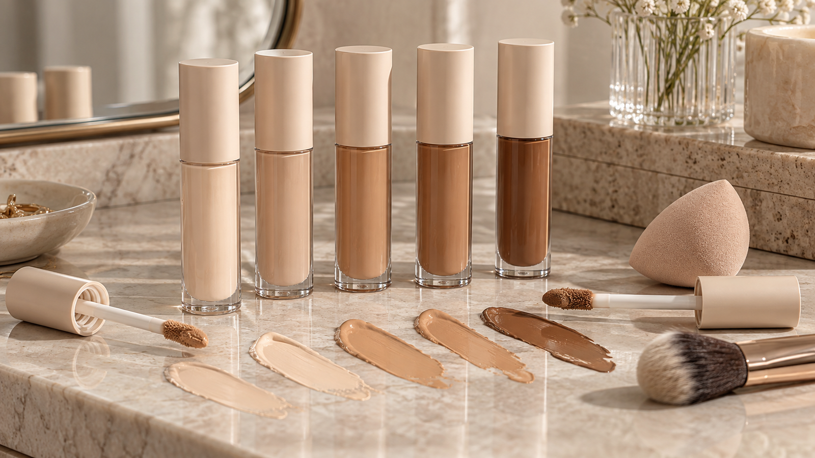 five unbranded liquid concealer tubes and doe-foot applicators arranged with realistic skin-tone swatches, a small makeup sponge and brush on a neutral vanity