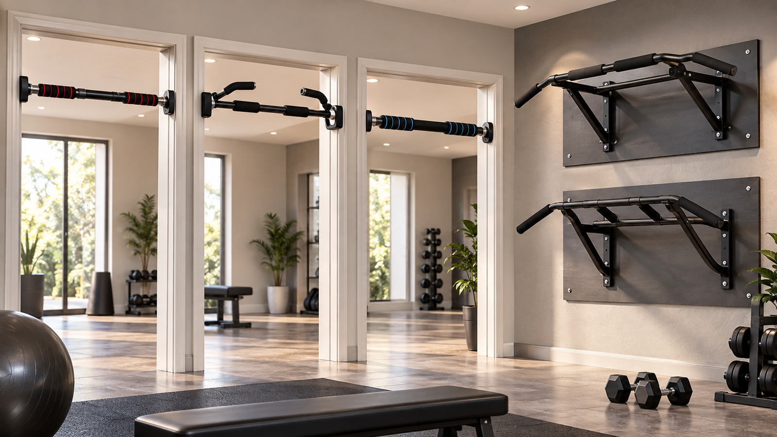 Five unbranded product formats arranged for a doorway and wall-mounted pull-up bars in india buying-guide comparison
