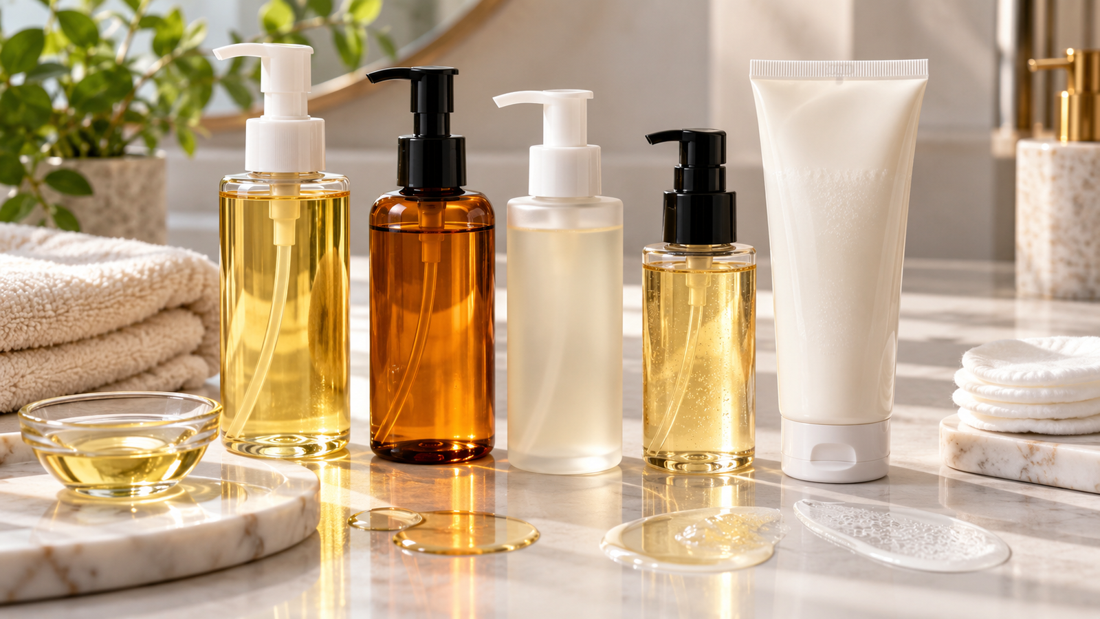 Five unbranded product formats arranged for a double-cleansing and makeup-removal products in india buying-guide comparison