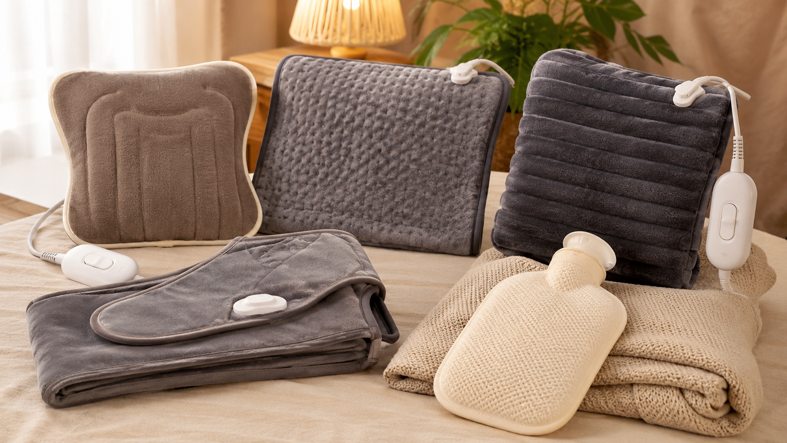 Five electric heating products arranged in a calm home comfort setting