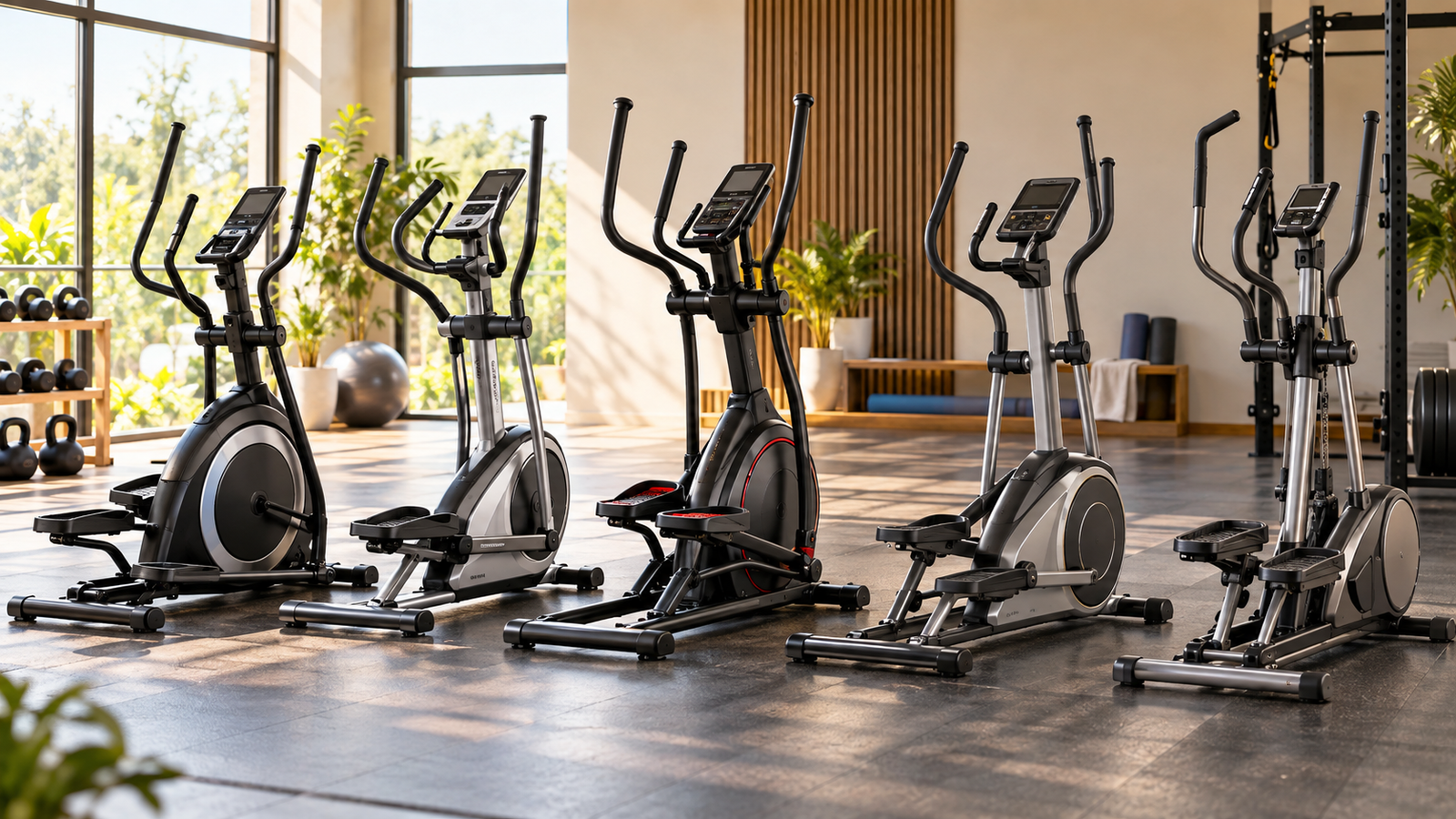 Five unbranded elliptical cross trainers arranged in a bright modern home-gym studio