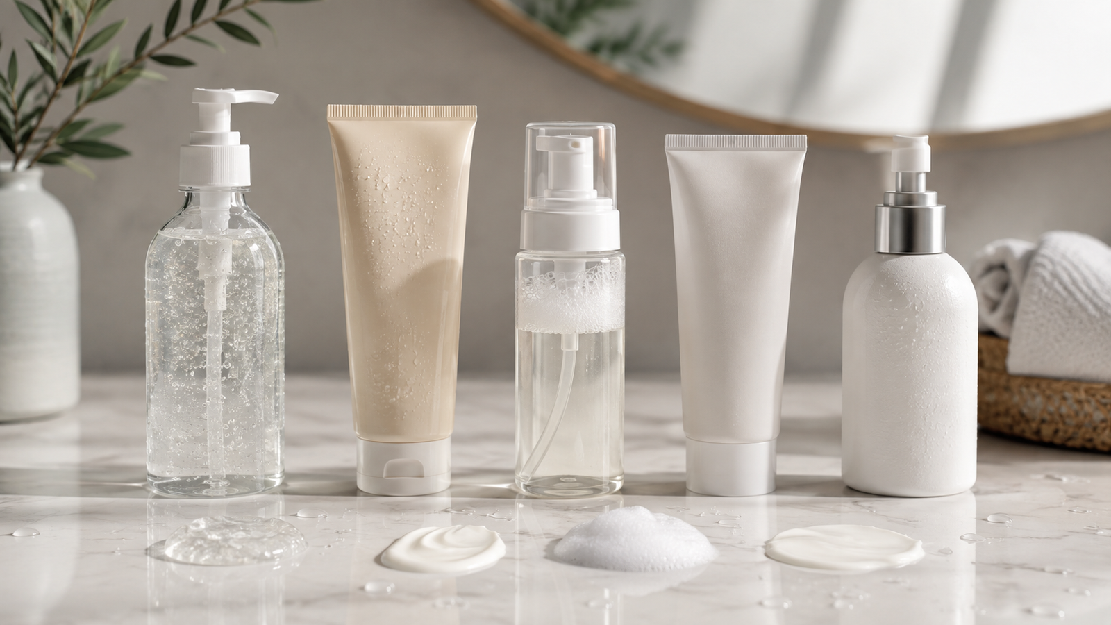 Five unbranded face cleansers in gel, cream, foaming and pump formats on a clean skincare vanity