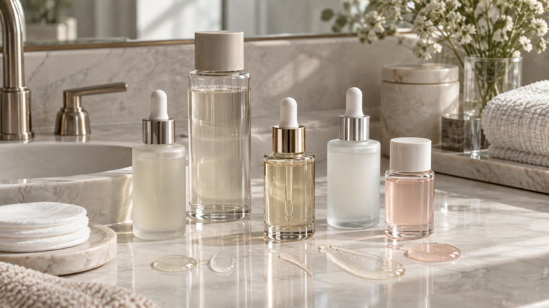 five unbranded exfoliating skincare products in dropper, toner and treatment-bottle formats with translucent liquid and gel swatches, cotton pads and a refined neutral bathroom setting