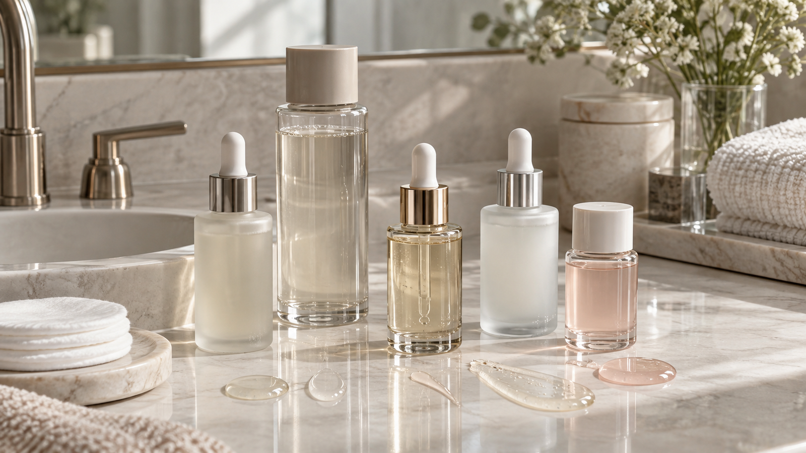 five unbranded exfoliating skincare products in dropper, toner and treatment-bottle formats with translucent liquid and gel swatches, cotton pads and a refined neutral bathroom setting