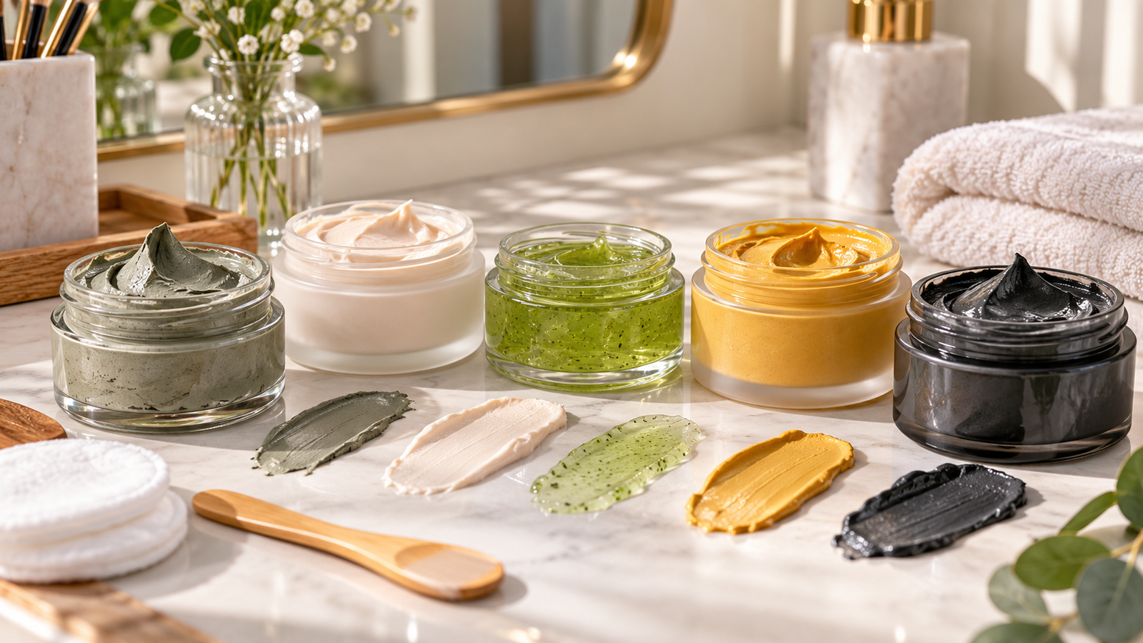 Five unbranded face-mask jars and treatment formats arranged on a neutral skincare vanity