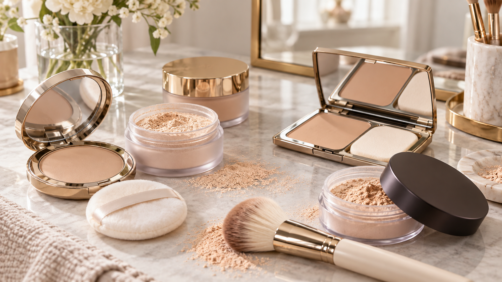 five elegant unbranded compact powders, loose-powder jars and powder-foundation cases with puffs, a soft brush and subtle powder texture on a neutral makeup vanity