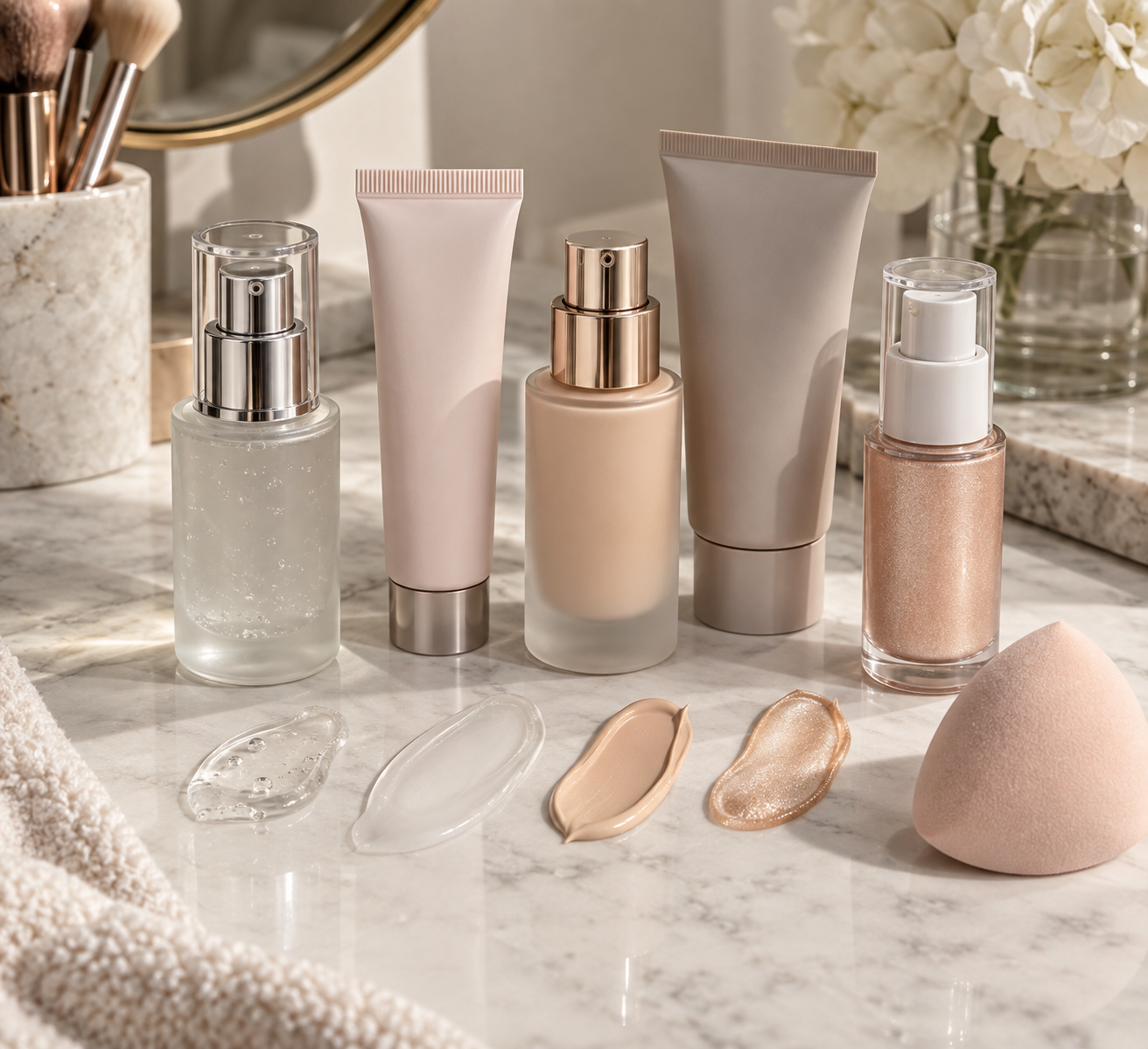five unbranded face primers in tubes and pump bottles with clear gel, silky blur, matte cream and luminous texture swatches beside a makeup sponge on a clean neutral vanity