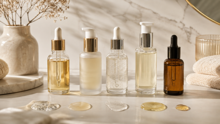 Five unbranded face serum bottles with droppers and pumps for a top face serums in India guide
