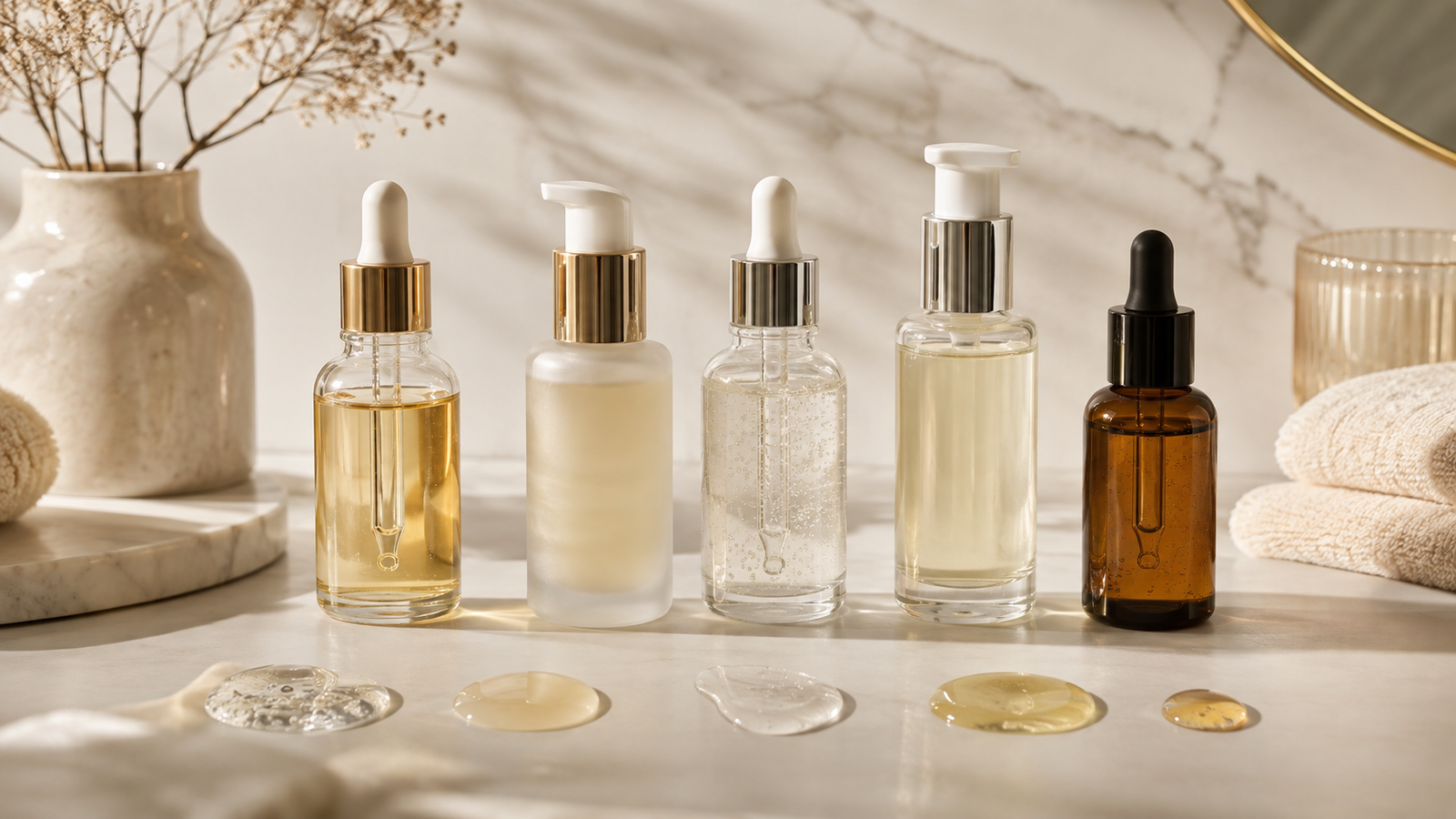 Five unbranded face serum bottles with droppers and pumps for a top face serums in India guide
