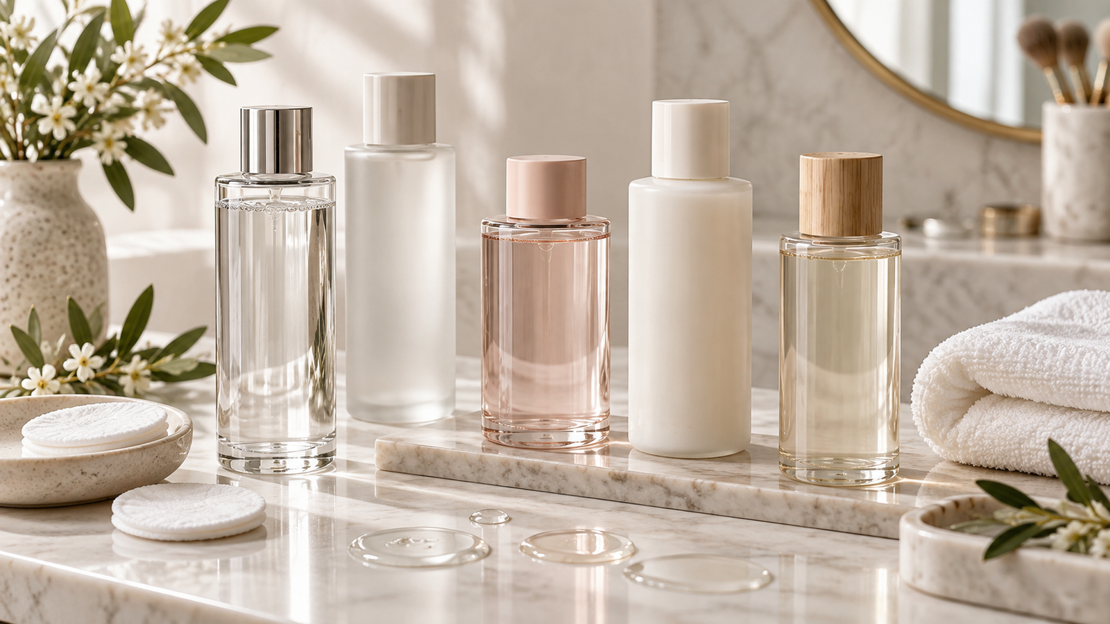 five elegant unbranded toner bottles in clear, frosted and milky formats on a bright neutral skincare vanity, with cotton pads, subtle watery texture swatches, a folded towel and soft botanical detail