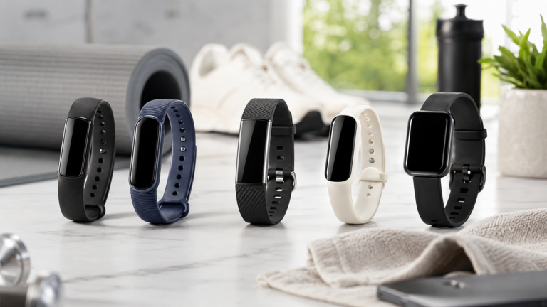 Five fitness trackers displayed in a clean lifestyle and workout setting
