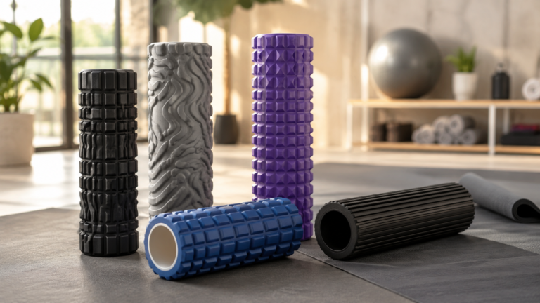 Five foam rollers in different sizes arranged in a clean workout setting