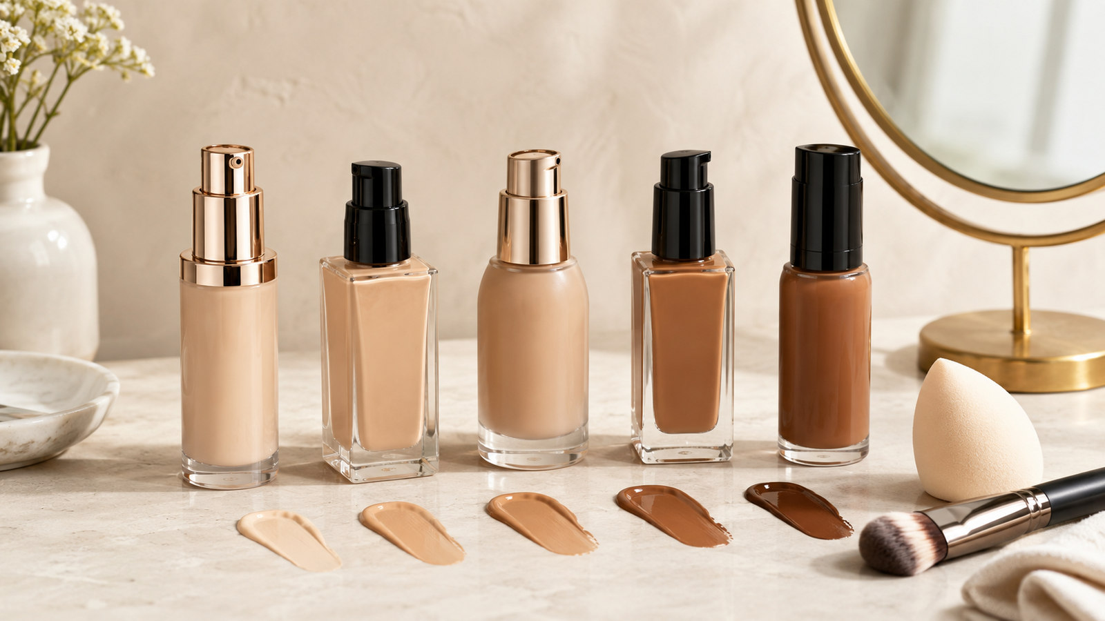 Five unbranded foundation bottles with varied complexion swatches, a makeup sponge and foundation brush