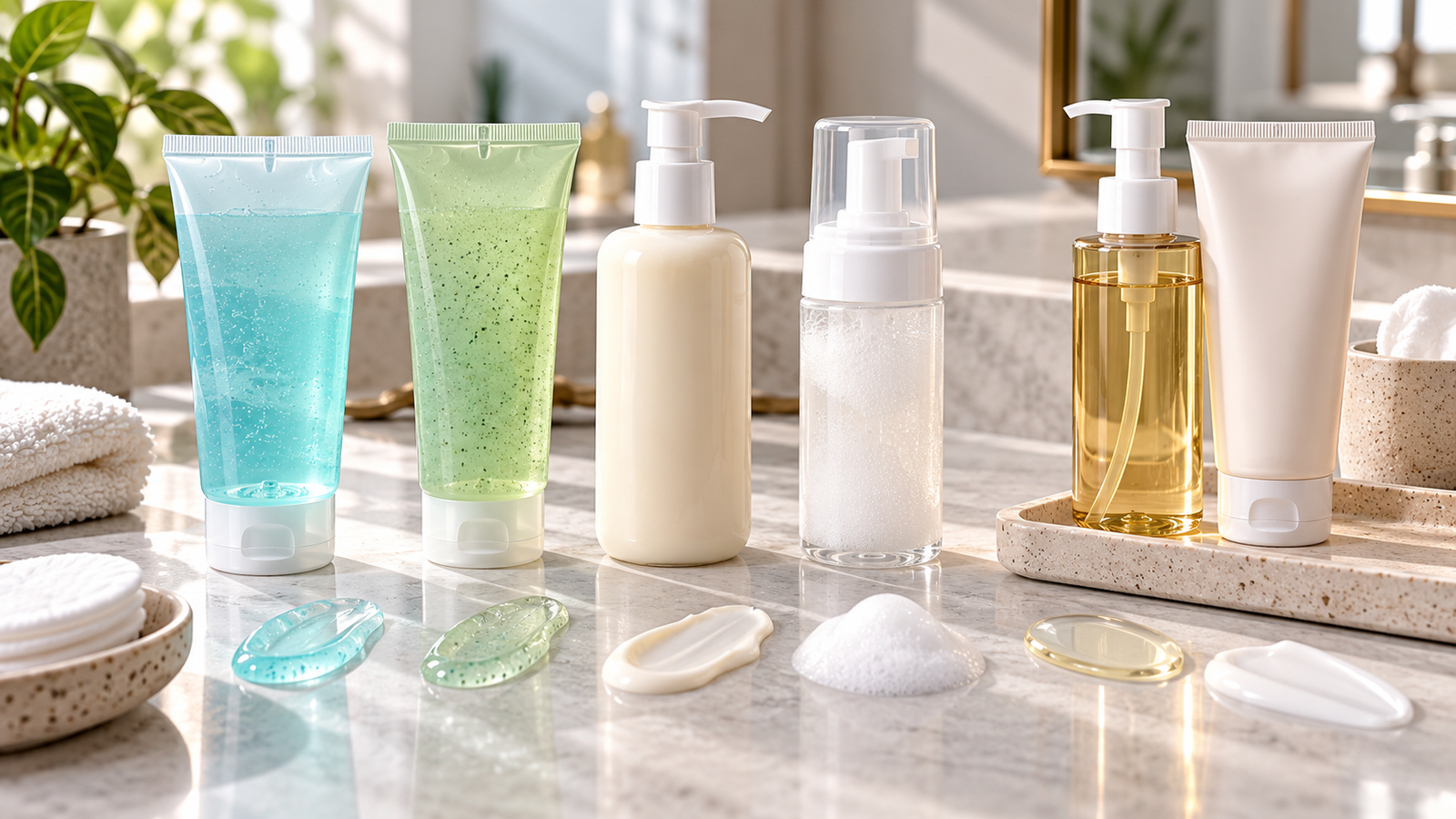 Five unbranded product formats arranged for a gel, gentle and double-cleansing face washes in india buying-guide comparison