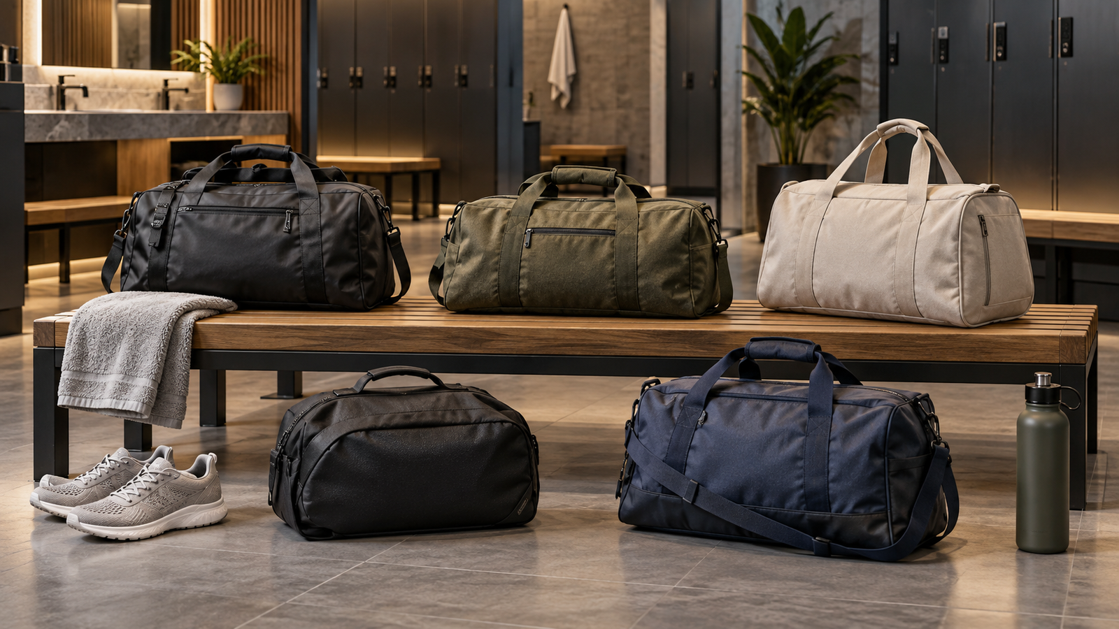five unbranded gym and duffle bags in compact and medium sizes arranged in a modern locker-room setting with shoes, towel and water bottle, no visible logos