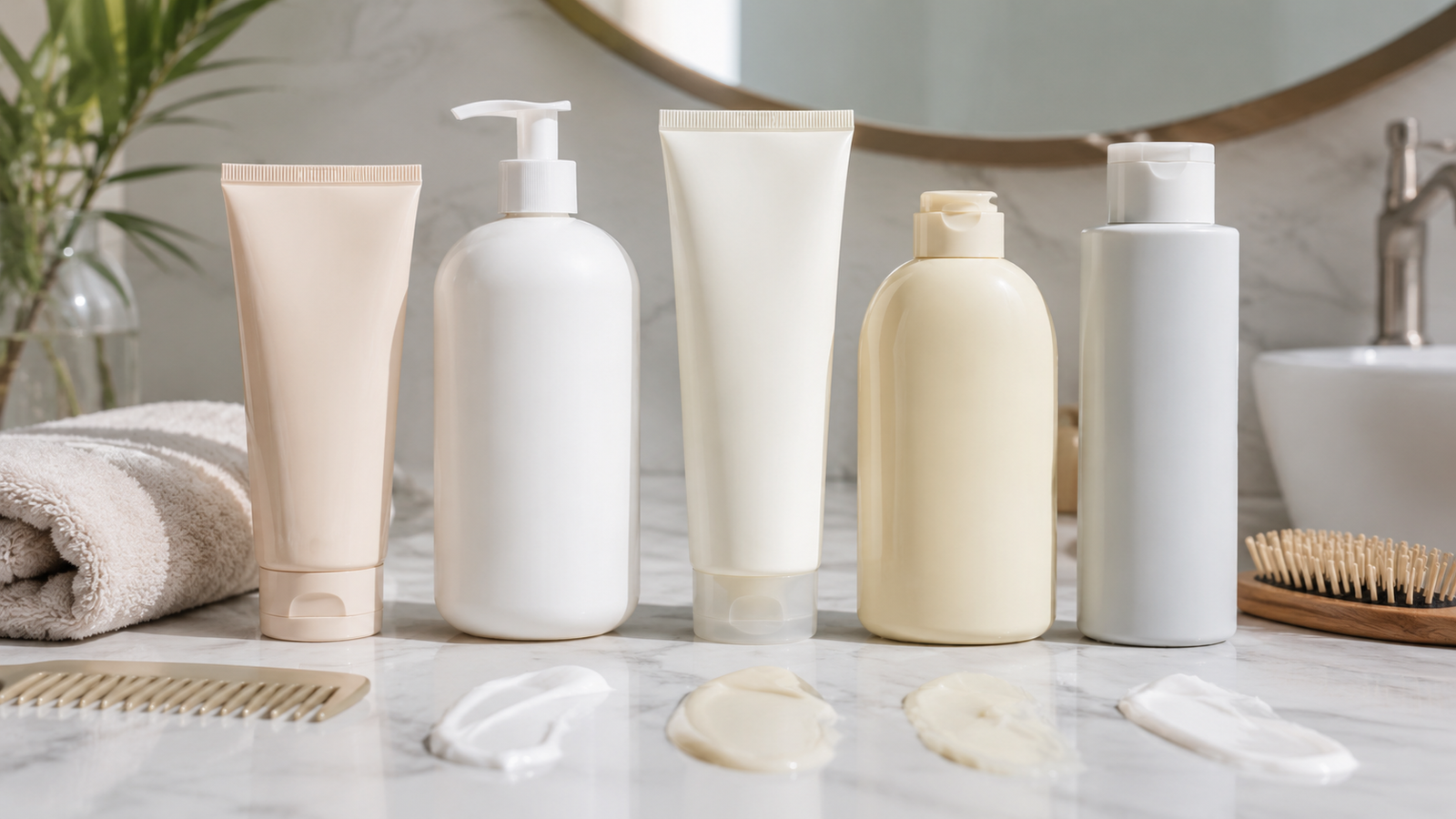 Five unbranded conditioner bottles and tubes for a top hair conditioners in India guide