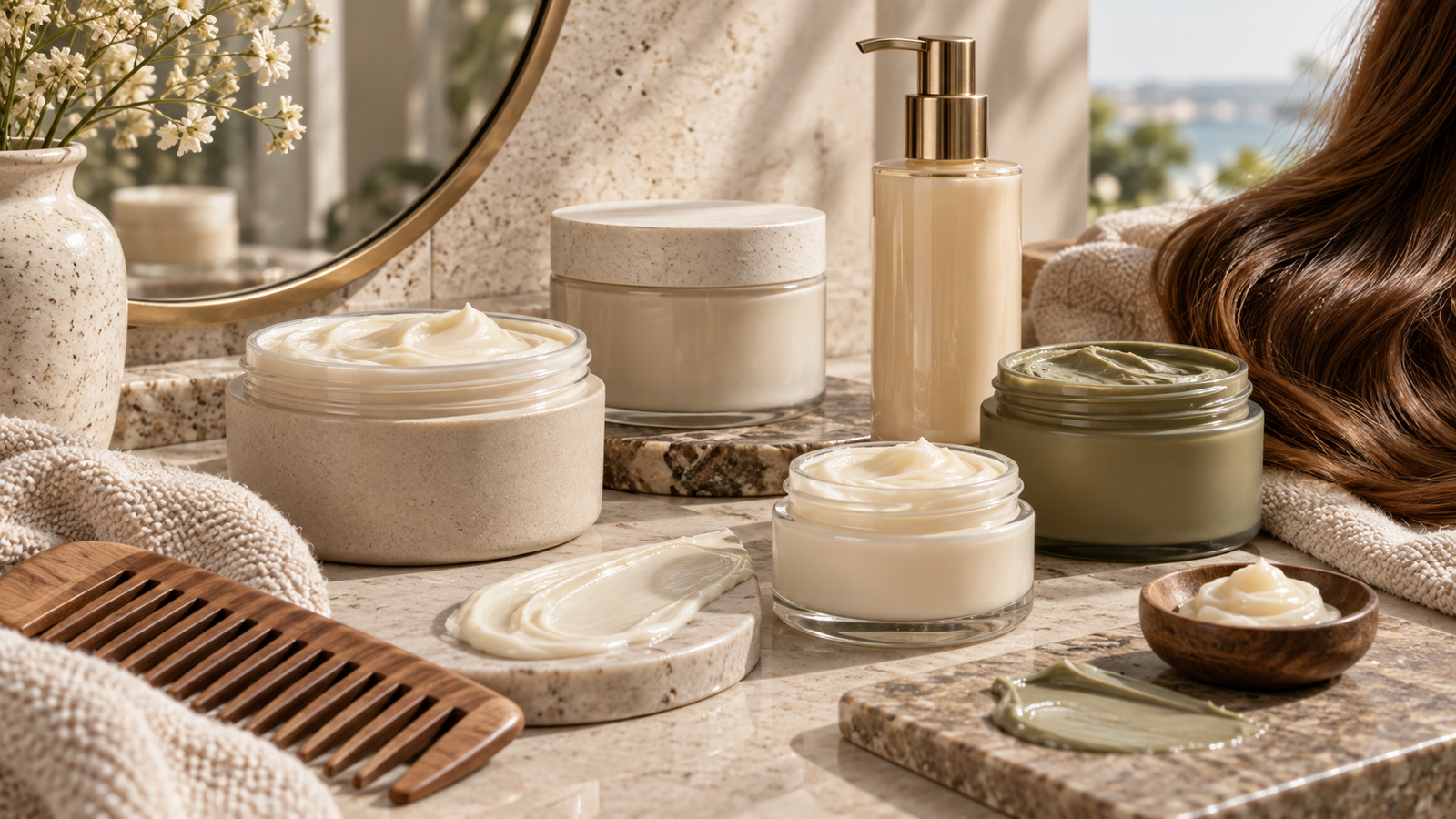 Five unbranded hair mask jars and treatment containers with cream texture swatches on a premium haircare vanity