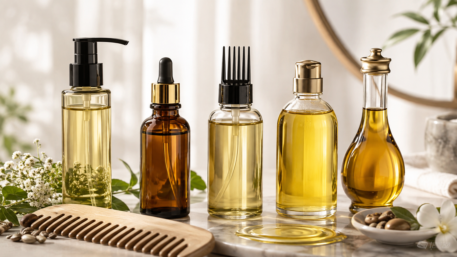 Five unbranded hair oil bottles in varied formats with a comb and subtle botanical accents