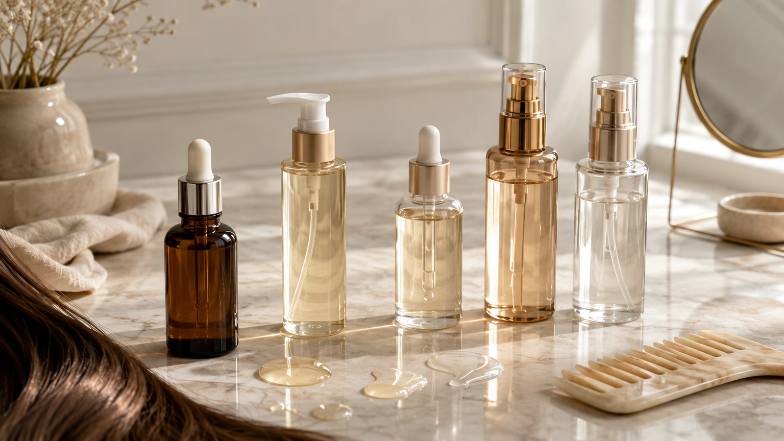 Five unbranded hair serum bottles and pumps with glossy texture swatches, a comb and smooth hair detail