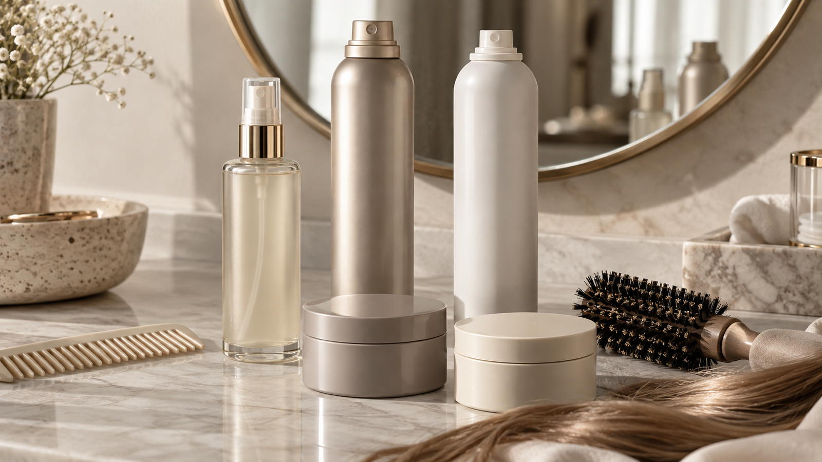 five unbranded hair styling products including heat-protection mist, spray cans and matte wax jars on a neutral vanity with a comb, styling brush and smooth healthy-hair detail