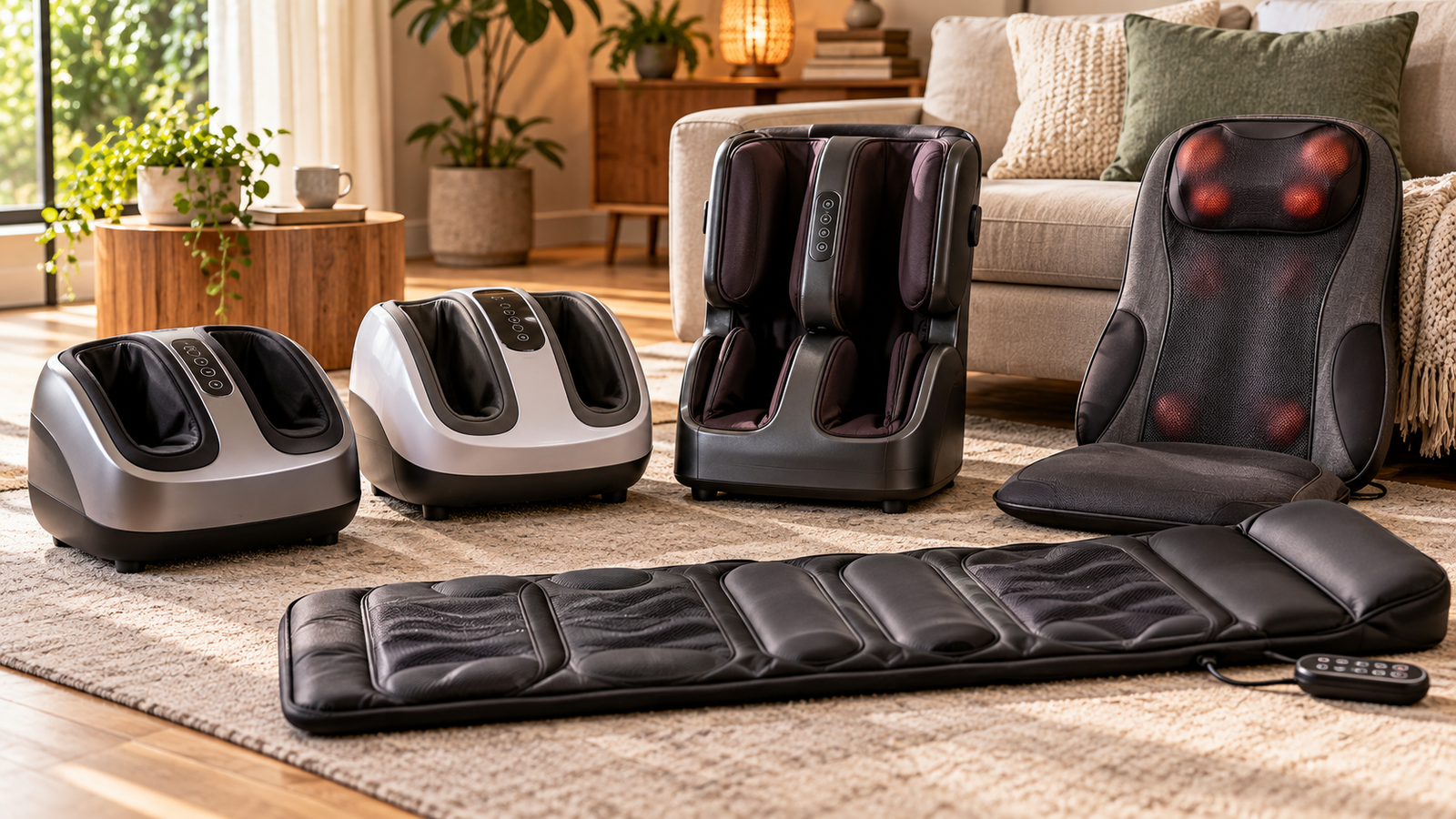 Five unbranded product formats arranged for a home foot, leg, back and mat massagers in india buying-guide comparison