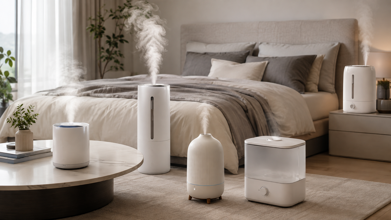 Five humidifiers arranged in a clean modern bedroom and living-space setup
