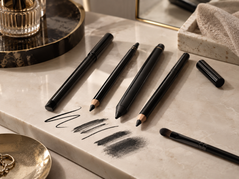 five unbranded kajal and eye pencils in sleek black formats with fine and softly smudged black swatch lines, a small eye brush and neutral makeup styling