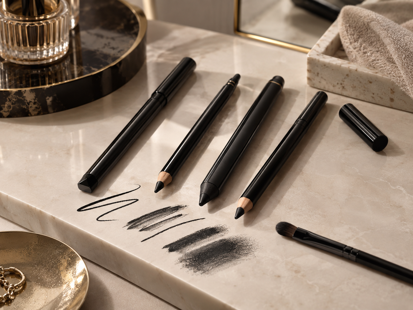 five unbranded kajal and eye pencils in sleek black formats with fine and softly smudged black swatch lines, a small eye brush and neutral makeup styling