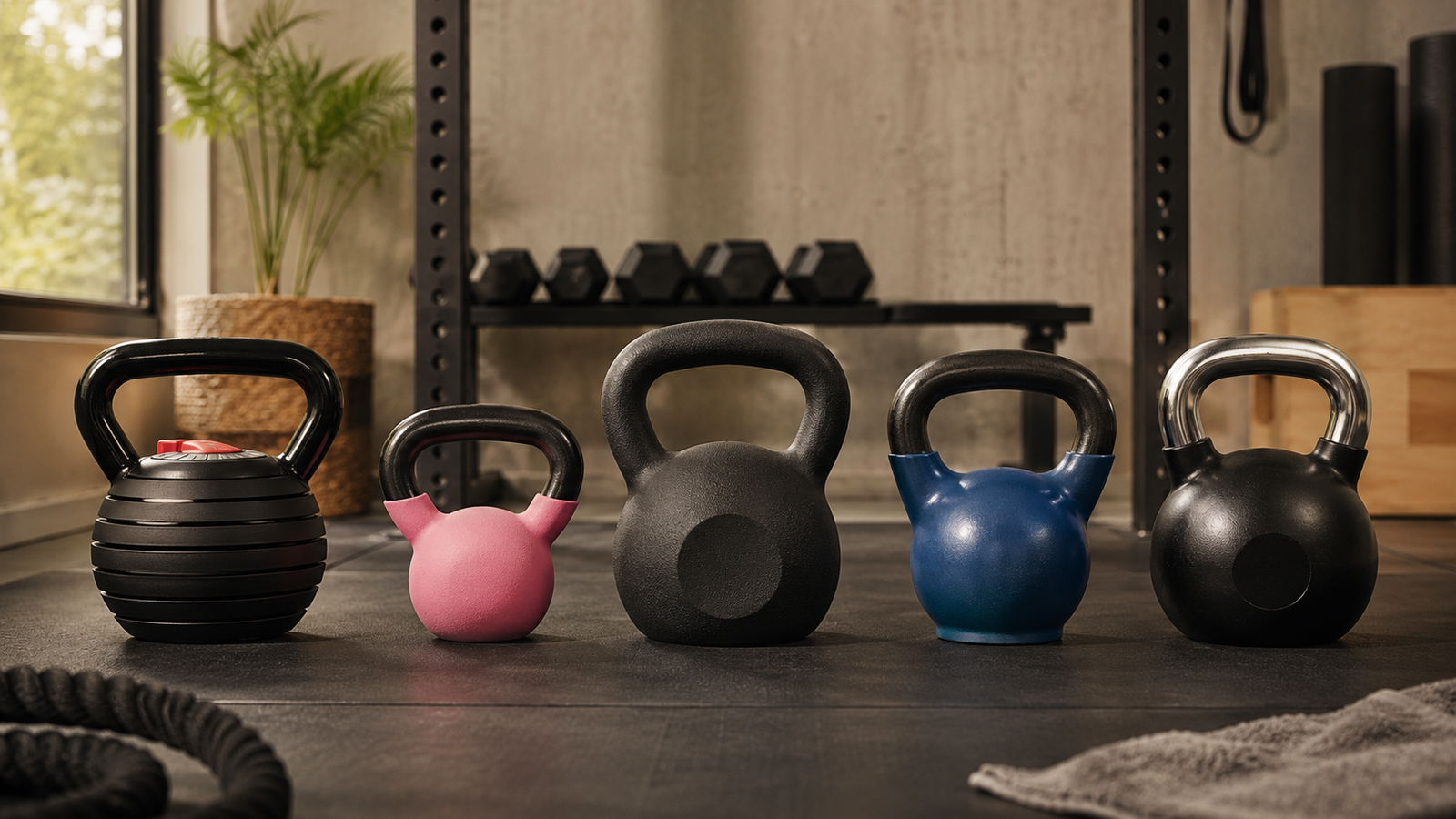 Five kettlebells of different designs arranged in a clean home-gym setting