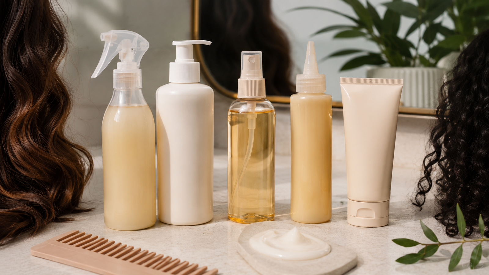 Five unbranded leave-in conditioner bottles and creams with a detangling comb and healthy hair detail