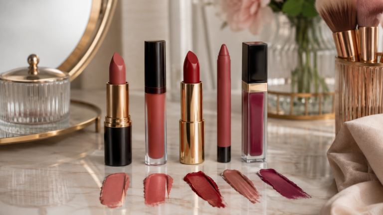 Five unbranded lip products in bullet, liquid lipstick and crayon formats with nude, red and berry swatches