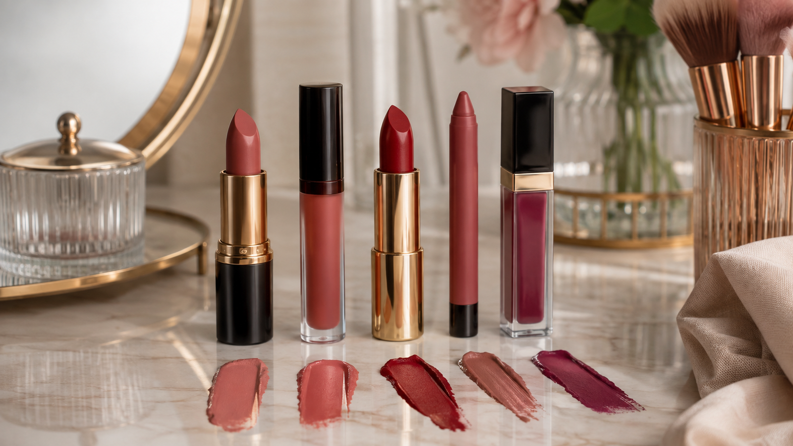 Five unbranded lip products in bullet, liquid lipstick and crayon formats with nude, red and berry swatches