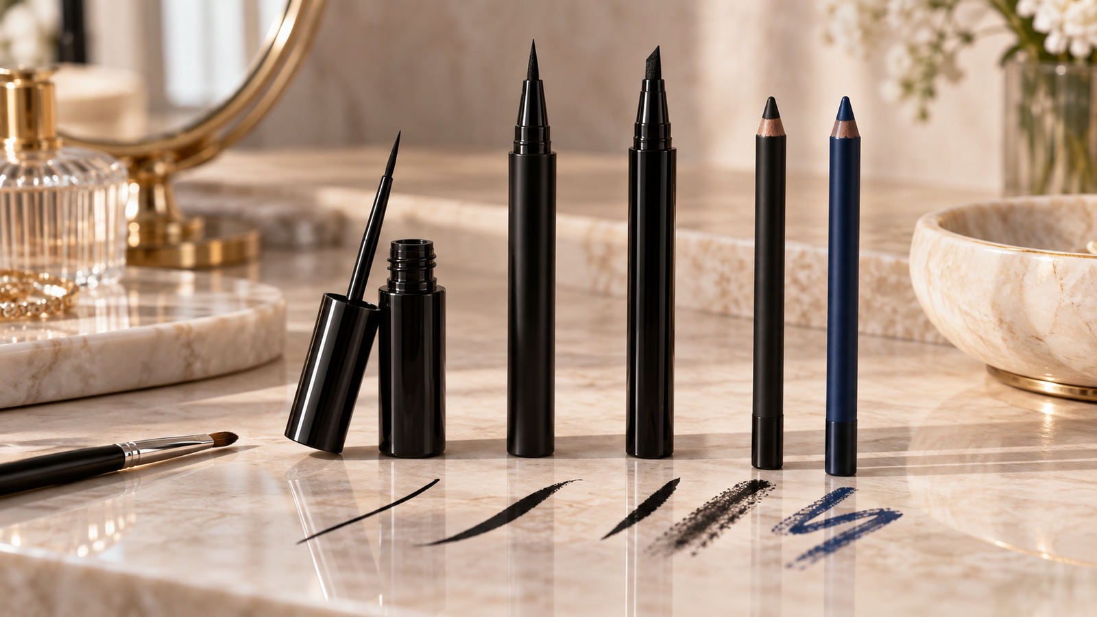 Five unbranded product formats arranged for a liquid eyeliners, pen liners and kajal for everyday looks buying-guide comparison
