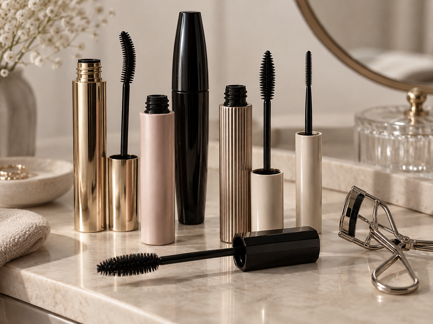 five unbranded mascara tubes with varied curved, tapered, dense and slim wand designs arranged beside an eyelash curler on a refined neutral makeup surface