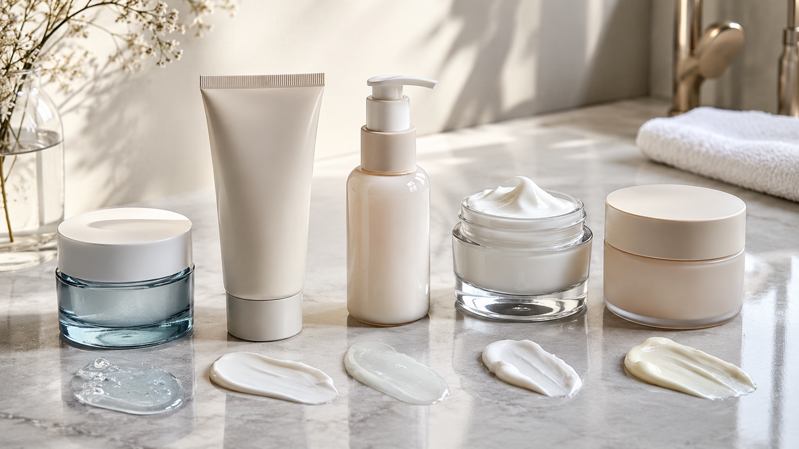 Five unbranded moisturizer jars tubes and pumps for a top moisturizers in India guide