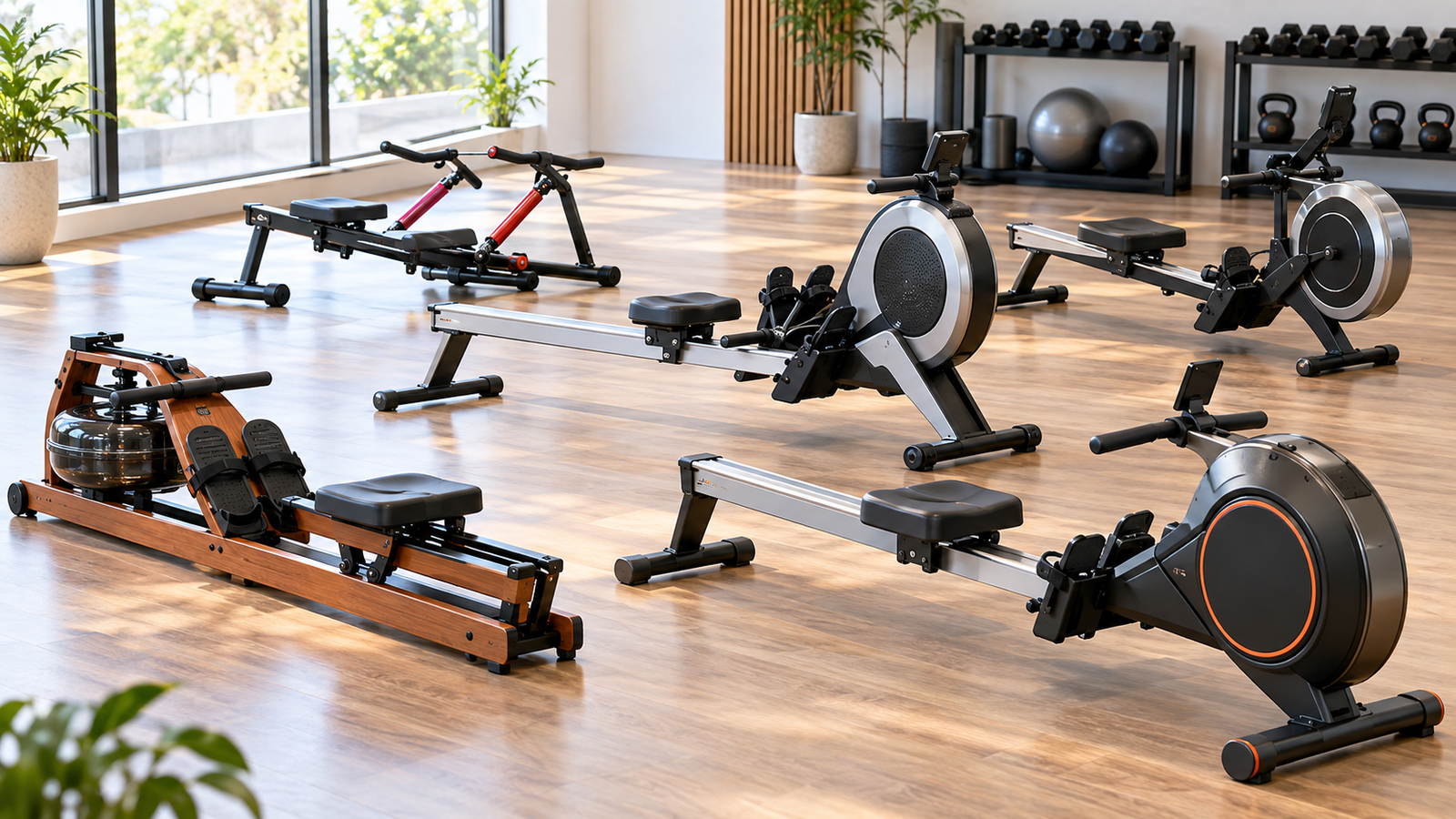 Five unbranded rowing machines in magnetic and hydraulic styles arranged in a premium home-gym studio
