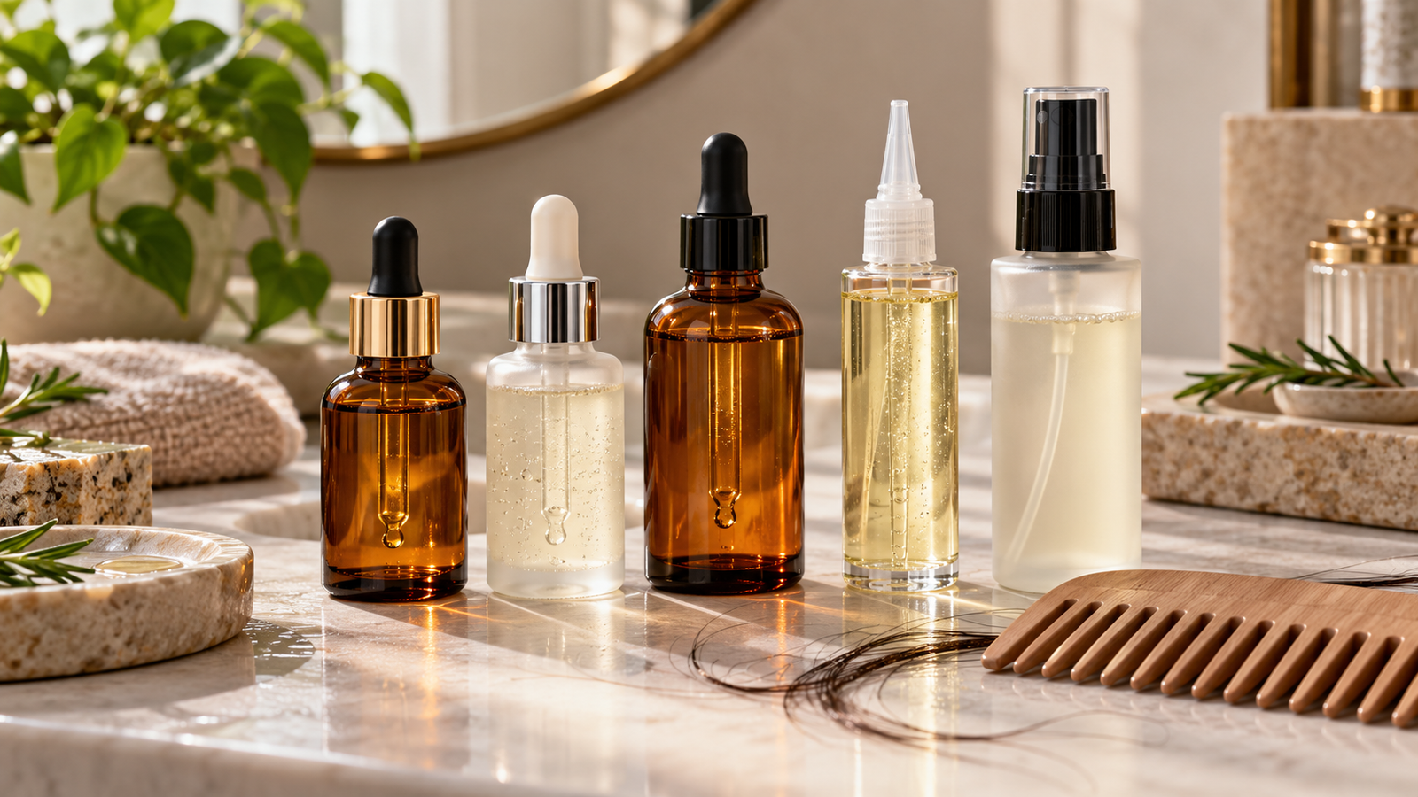 Five unbranded product formats arranged for a scalp and hair-growth serums in india buying-guide comparison