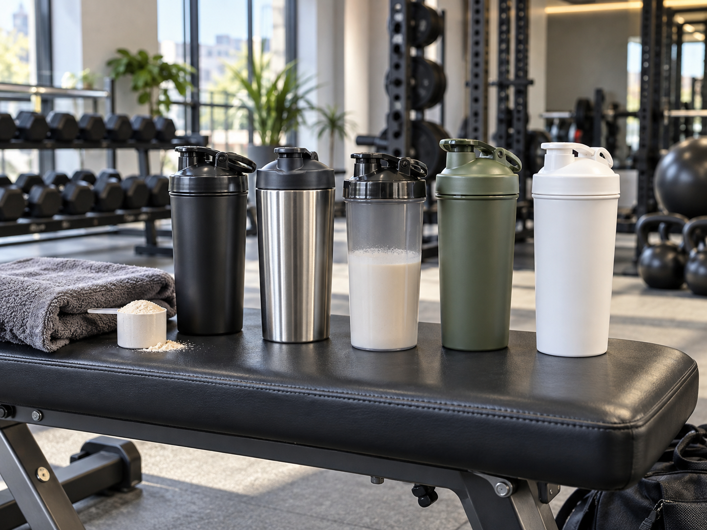 five unbranded shaker bottles in stainless-steel and plastic 500ml to 700ml styles arranged on a bright gym bench with a towel and scoop, fitness photography