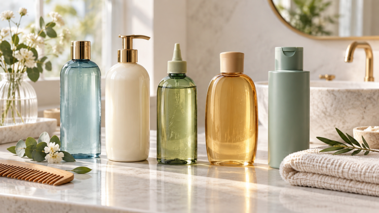Five unbranded shampoo bottles for hydration, repair, nourishment and dandruff care