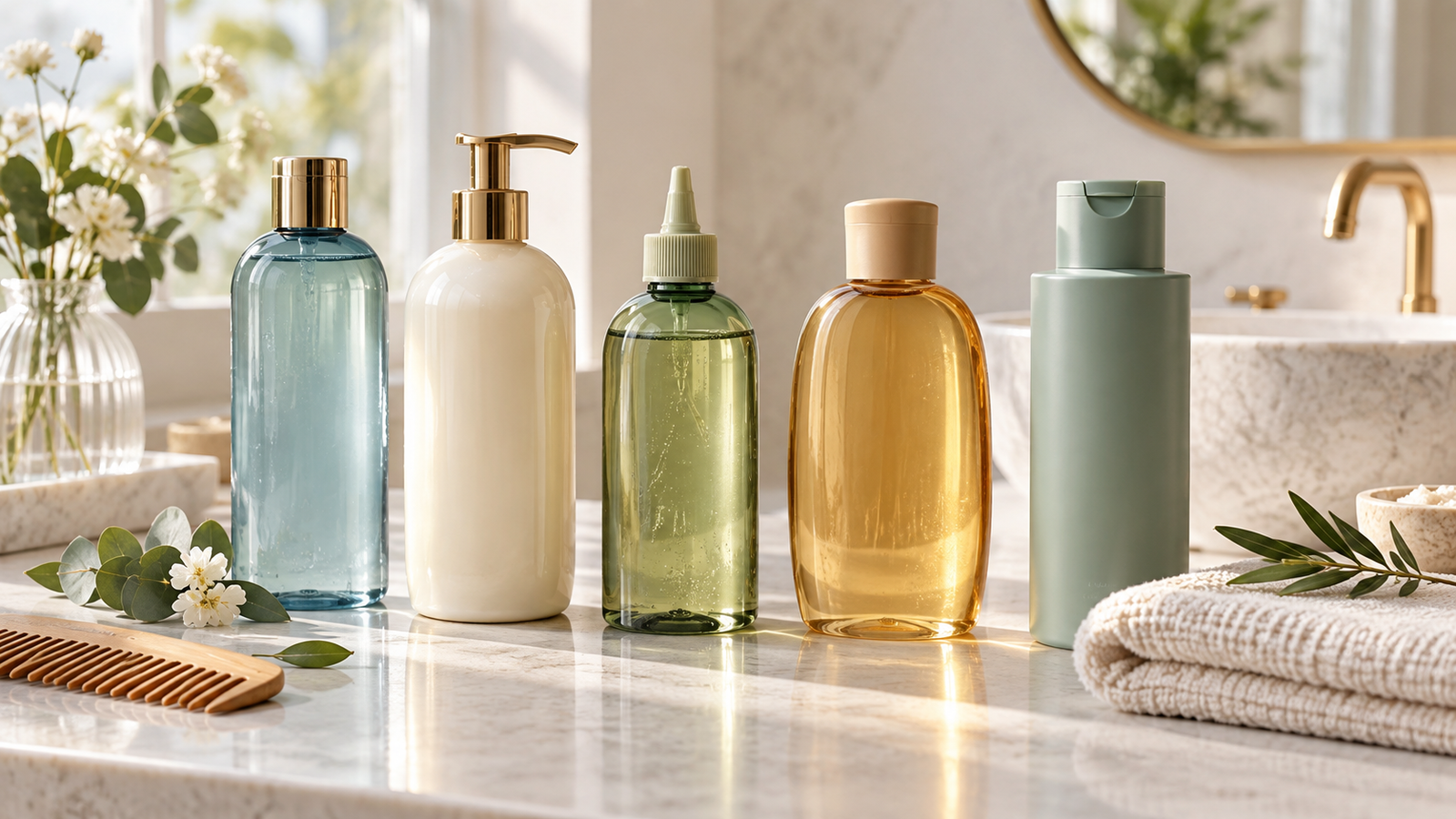 Five unbranded shampoo bottles for hydration, repair, nourishment and dandruff care