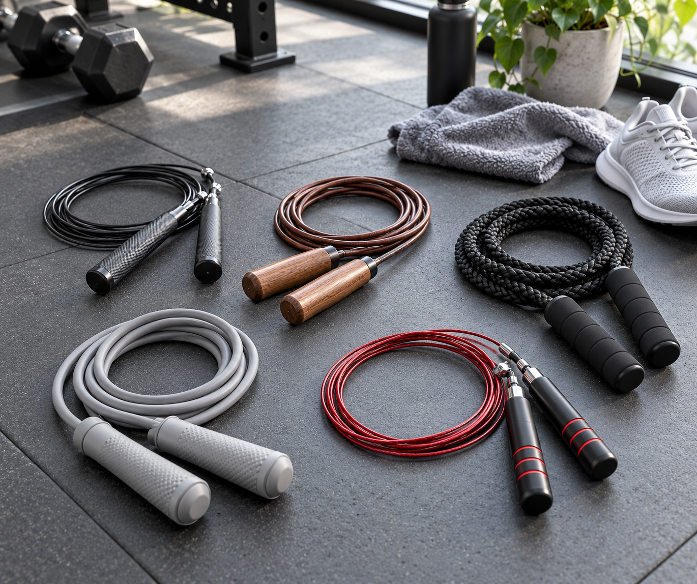 five unbranded skipping ropes with varied handles and cable materials neatly arranged on a clean gym floor beside training shoes and a small towel, bright fitness photography