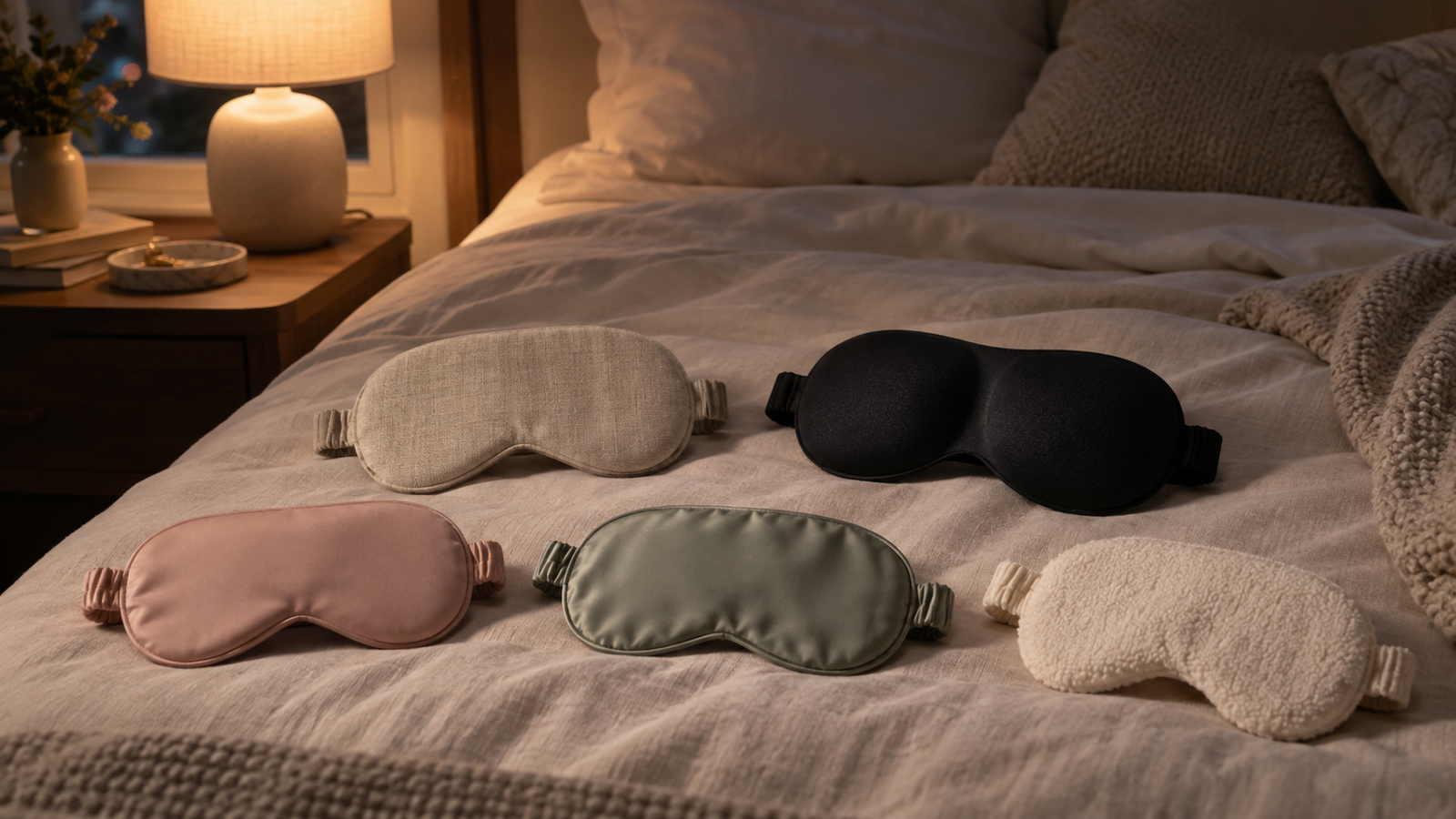 five unbranded sleep masks in cotton, smooth fabric and contoured styles arranged on soft neutral bedding with a bedside lamp and calm low-light bedroom atmosphere