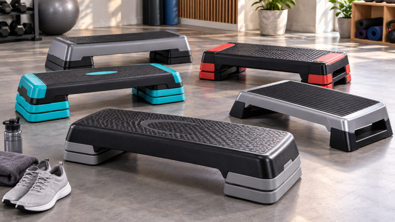 Five unbranded aerobic step platforms in different heights arranged in a bright home-fitness studio