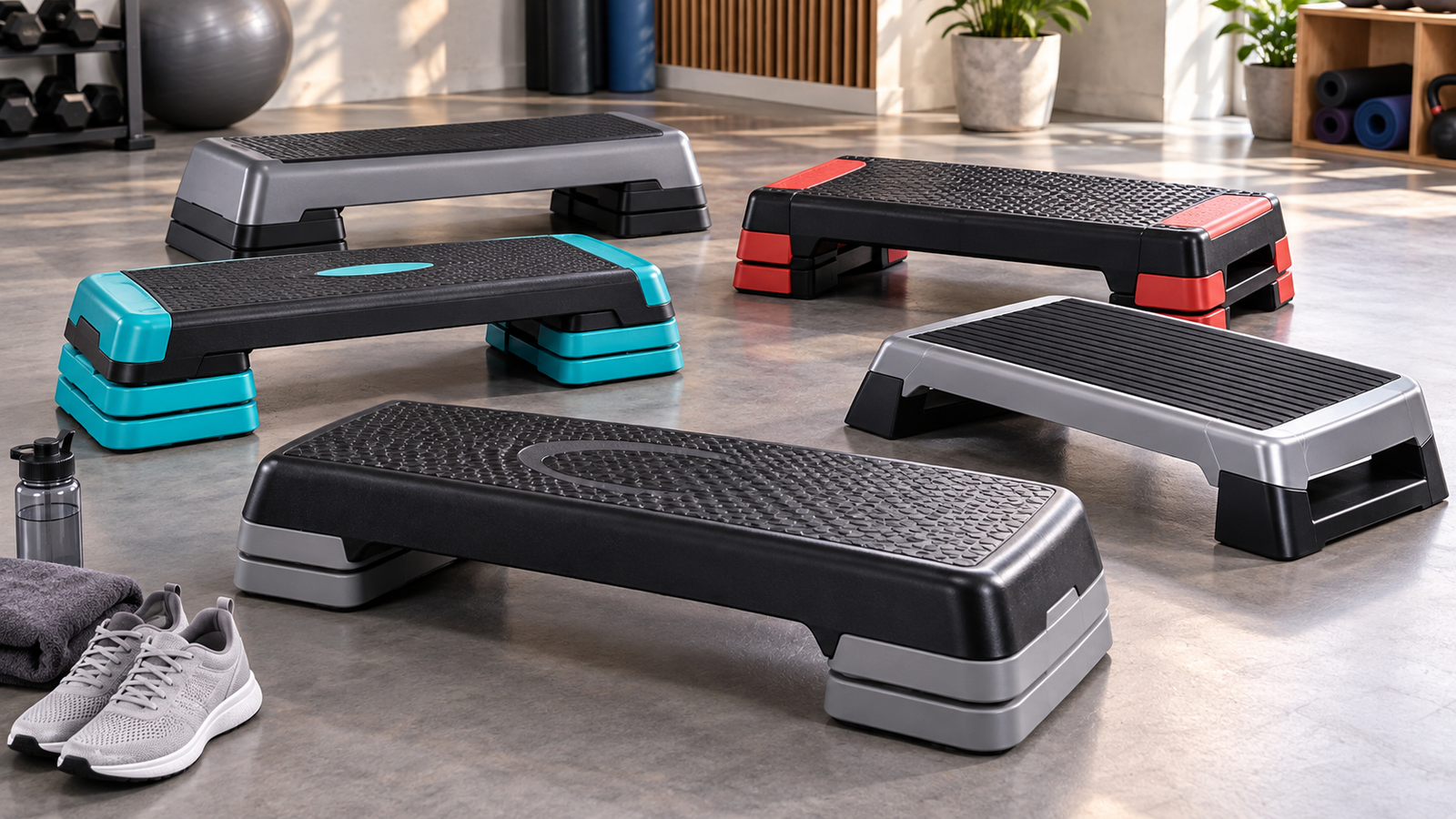 Five unbranded aerobic step platforms in different heights arranged in a bright home-fitness studio